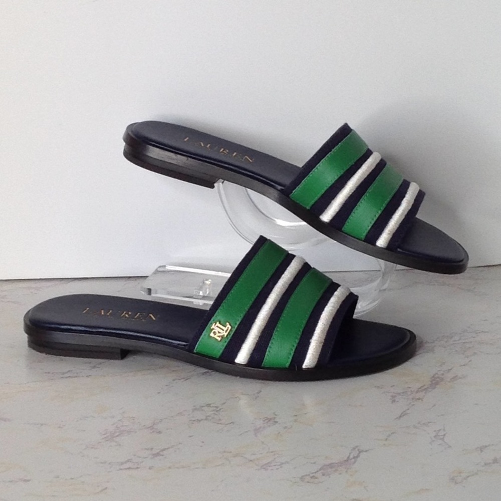 LAUREN RALPH LAUREN GREEN WHITE SLIDES SIZE 5